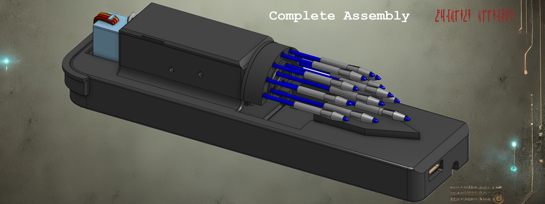 Completed Whistling Birds Gauntlet Darts prop with fiber optics and dart tips installed