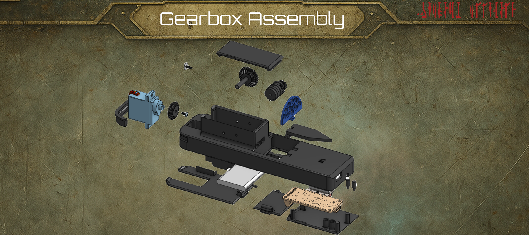 Exploded gearbox assembly overview showing the servo, gears, housing, and electronics layout