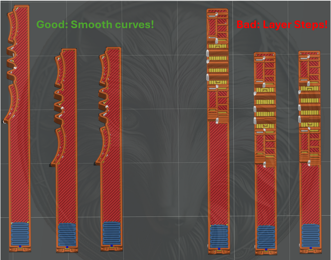 Slicer preview of armor parts oriented for strength and surface finish