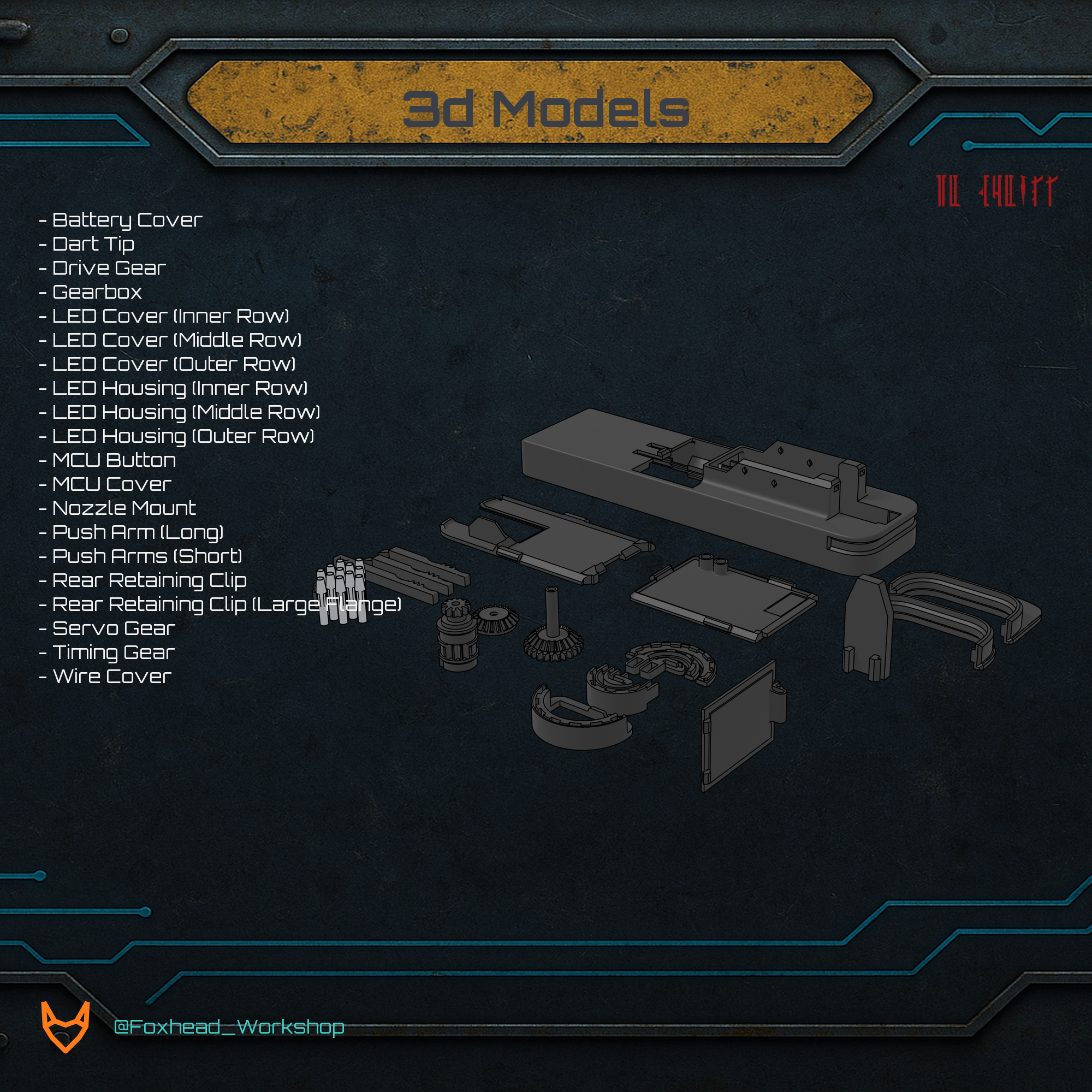 Complete v2.5 printed parts set laid out as it prints, with every part listed