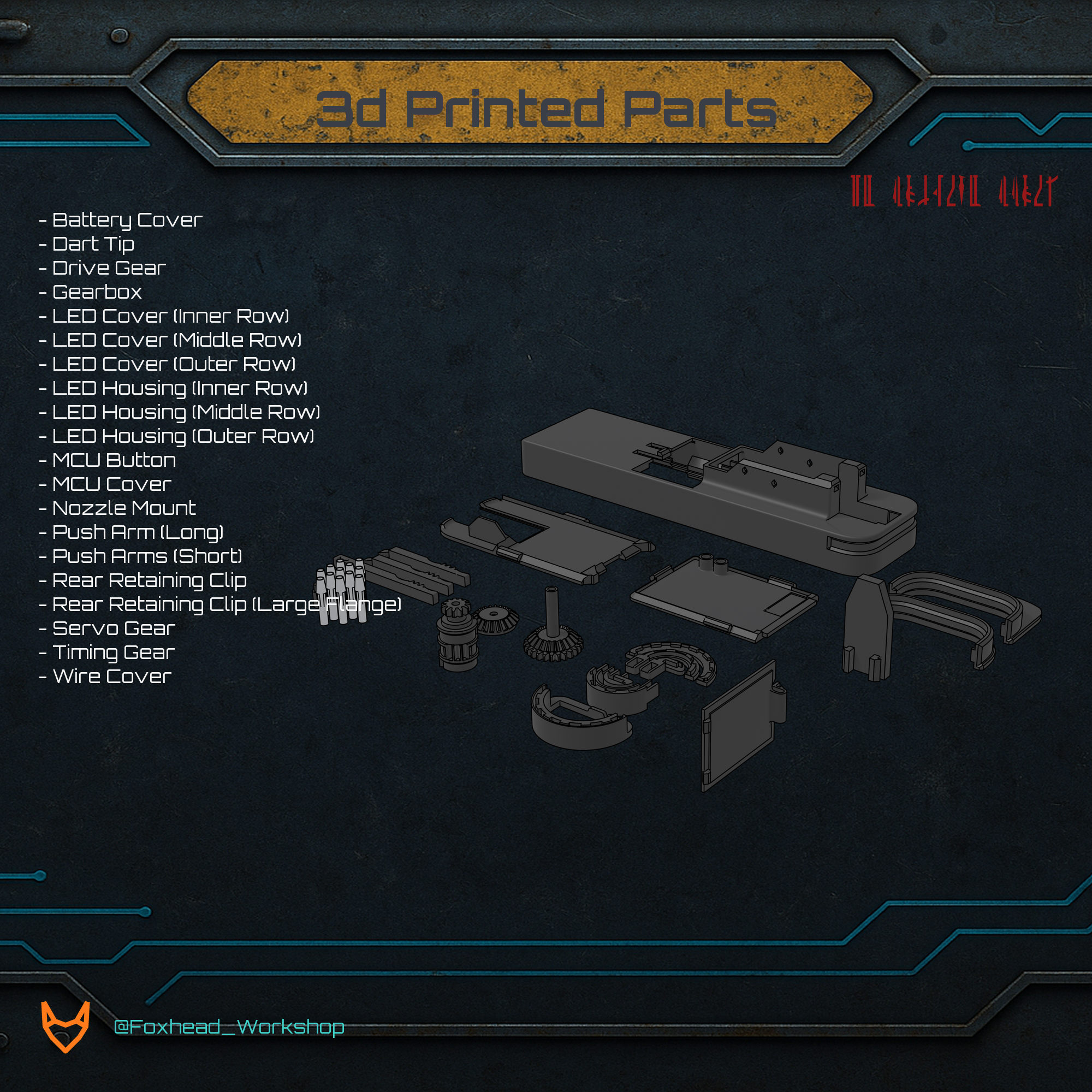 Complete v2.5 printed parts set laid out as it prints, with every part listed