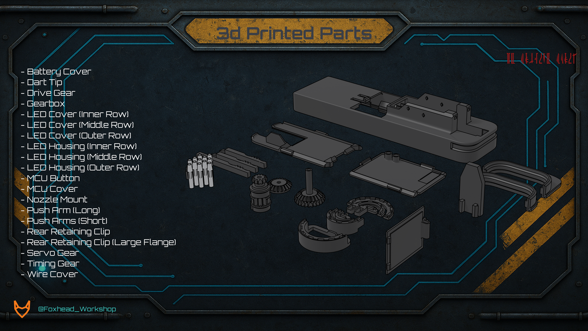 Complete v2.5 printed parts set laid out as it prints, with every part listed