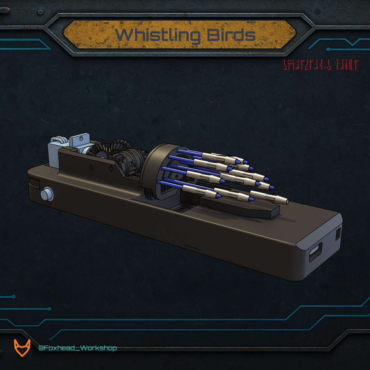 Fully assembled Whistling Birds v2.5 module with beskar tips fitted and the twelve darts deployed