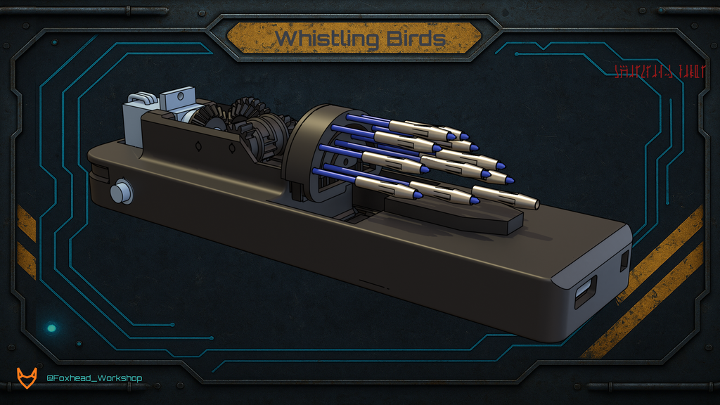 Fully assembled Whistling Birds v2.5 module with the LED fan installed and the twelve darts deployed