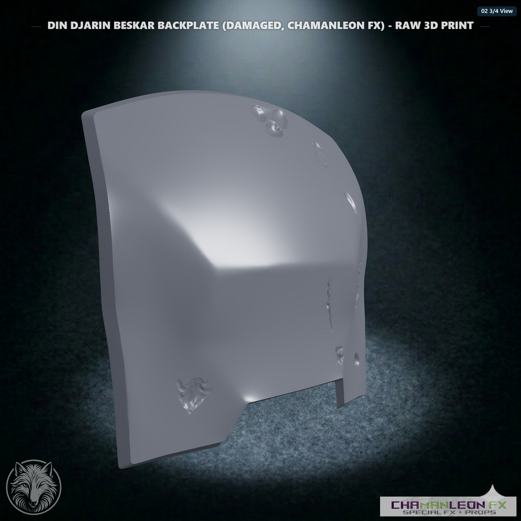 Din Djarin Beskar Backplate (Damaged, Chamanleon FX) - Raw 3D Print - 3/4 View