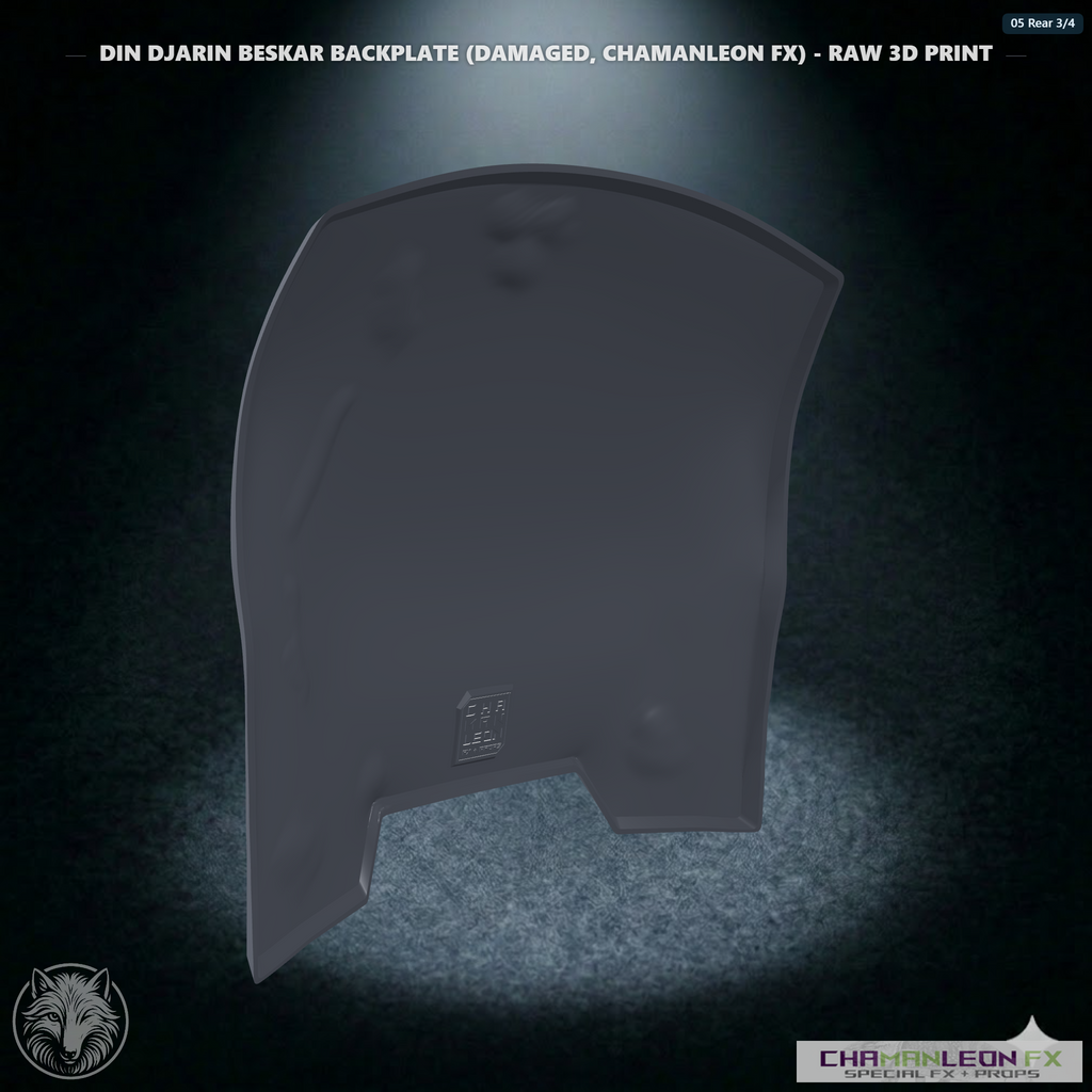 Din Djarin Beskar Backplate (Damaged, Chamanleon FX) - Raw 3D Print - Rear 3/4