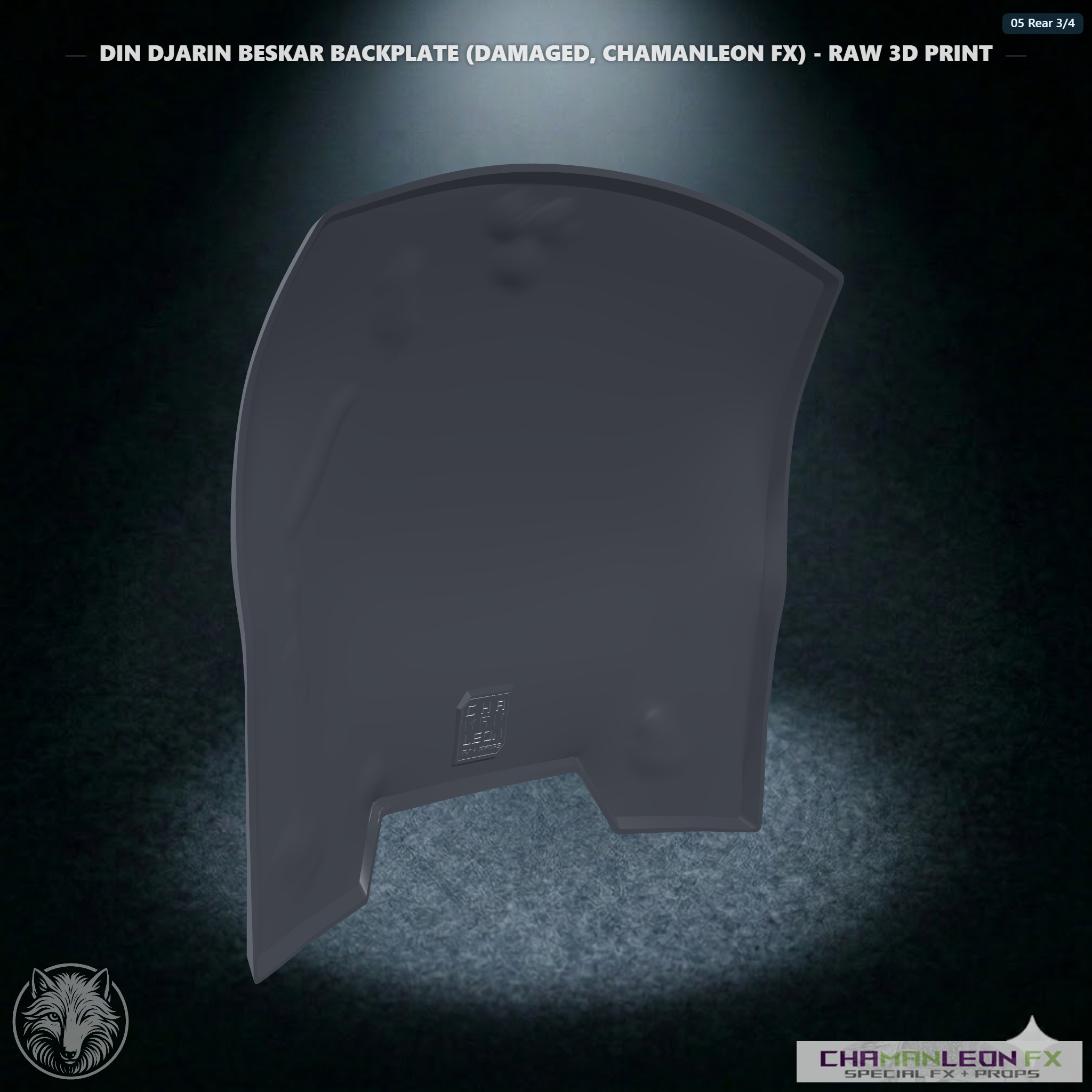 Din Djarin Beskar Backplate (Damaged, Chamanleon FX) - Raw 3D Print - Rear 3/4