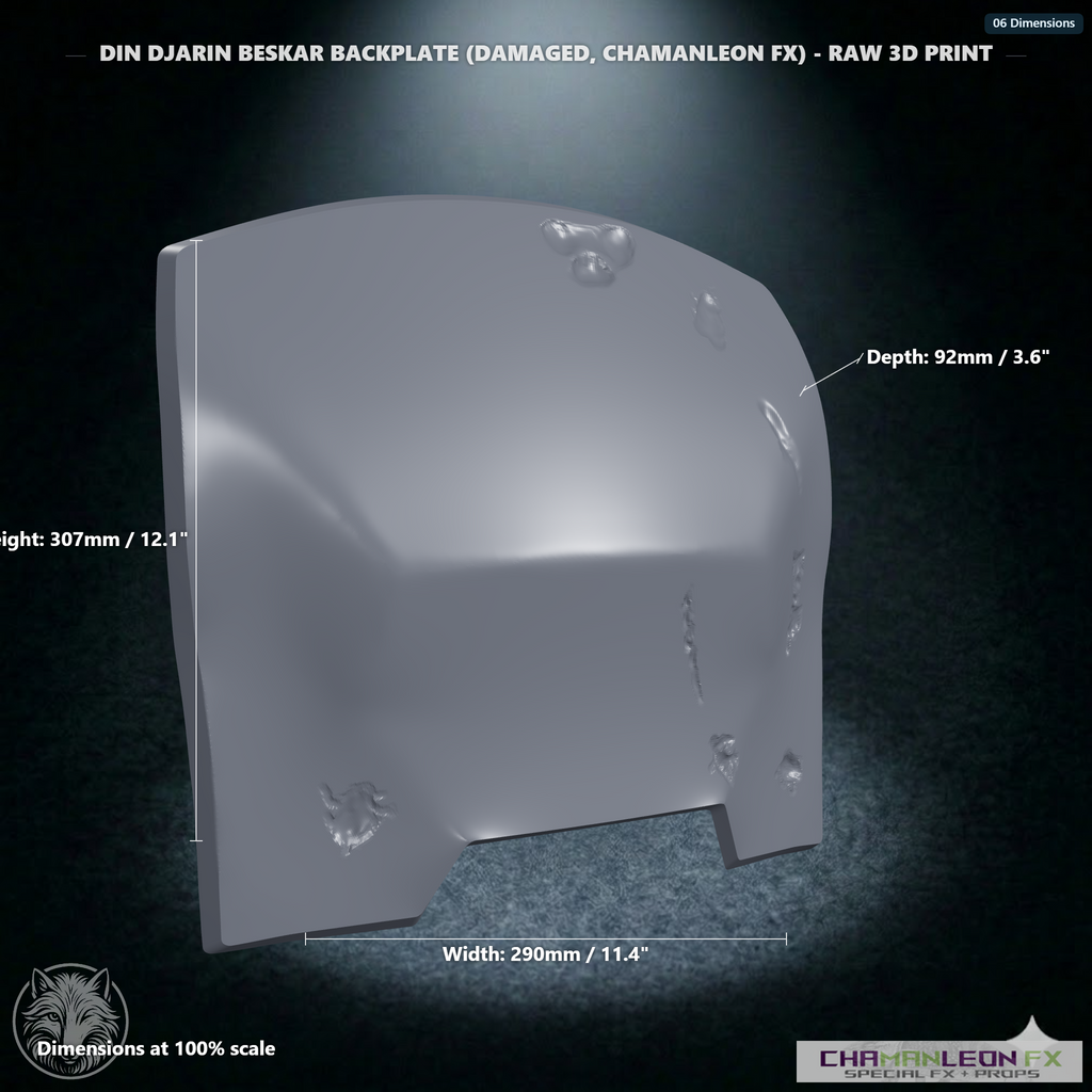 Din Djarin Beskar Backplate (Damaged, Chamanleon FX) - Raw 3D Print - Dimensions