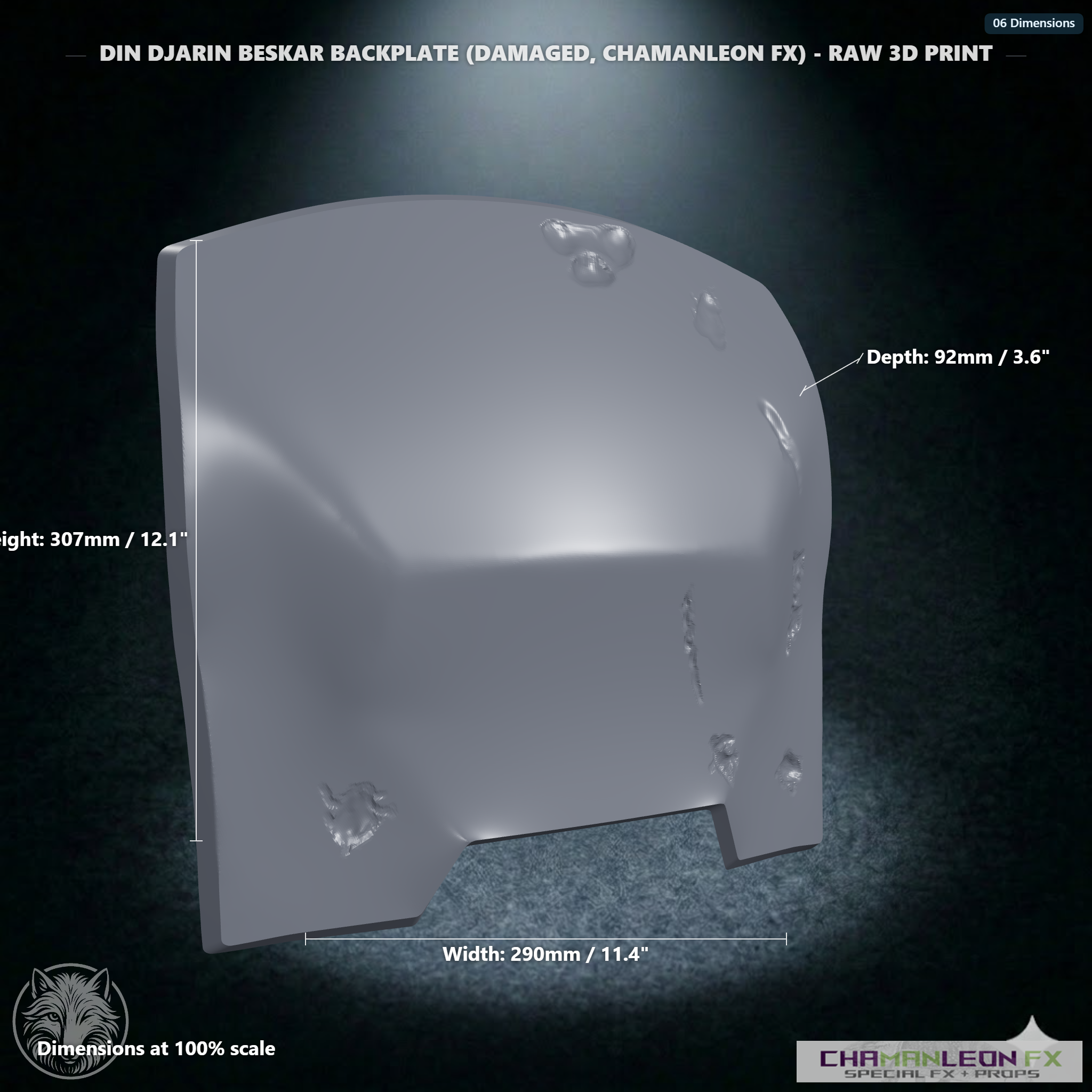 Din Djarin Beskar Backplate (Damaged, Chamanleon FX) - Raw 3D Print - Dimensions