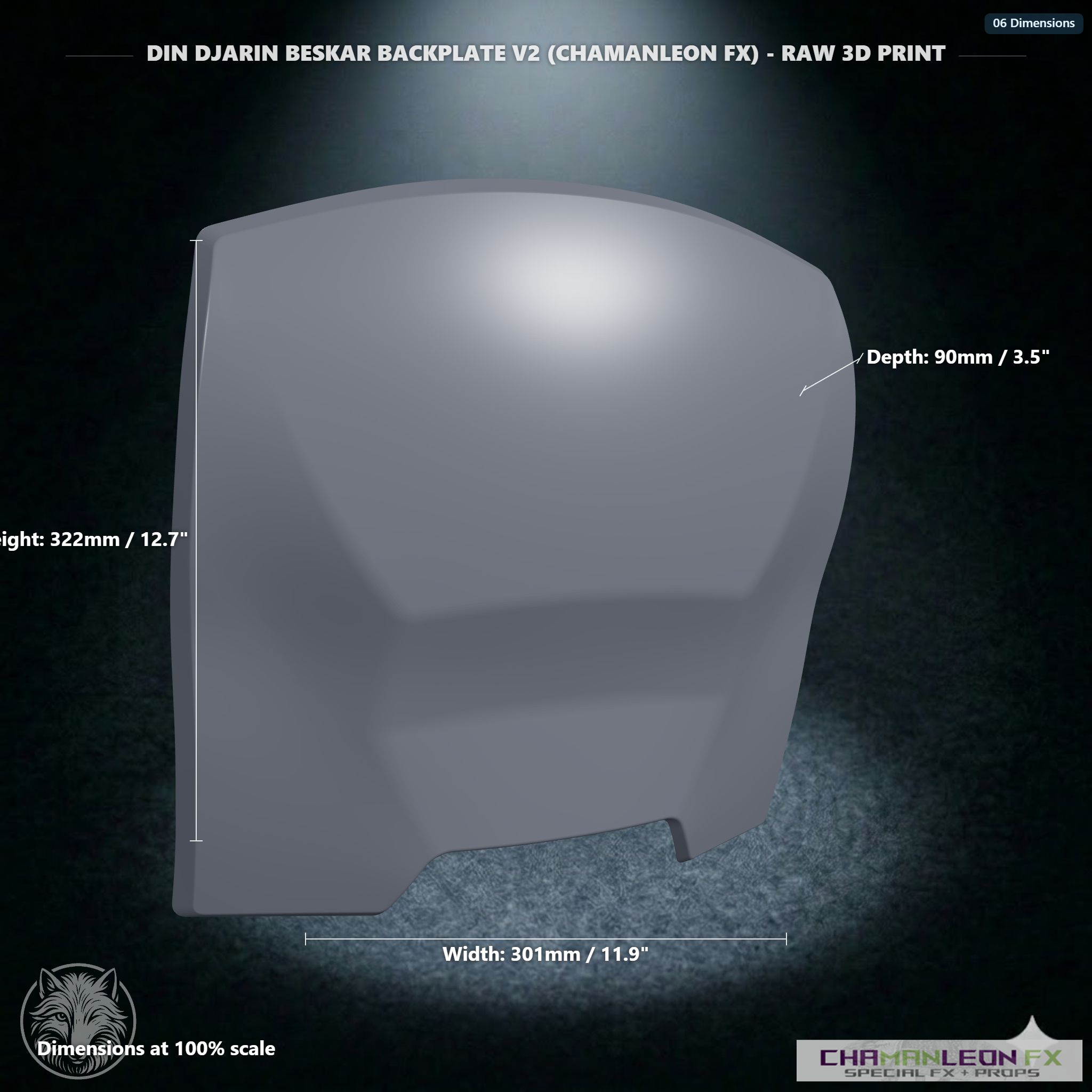Din Djarin Beskar Backplate V2 (Chamanleon FX) - Raw 3D Print - Dimensions