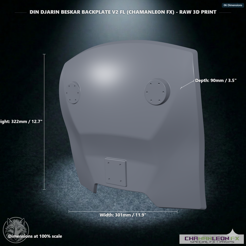Din Djarin Beskar Backplate V2 FL (Chamanleon FX) - Raw 3D Print - Dimensions