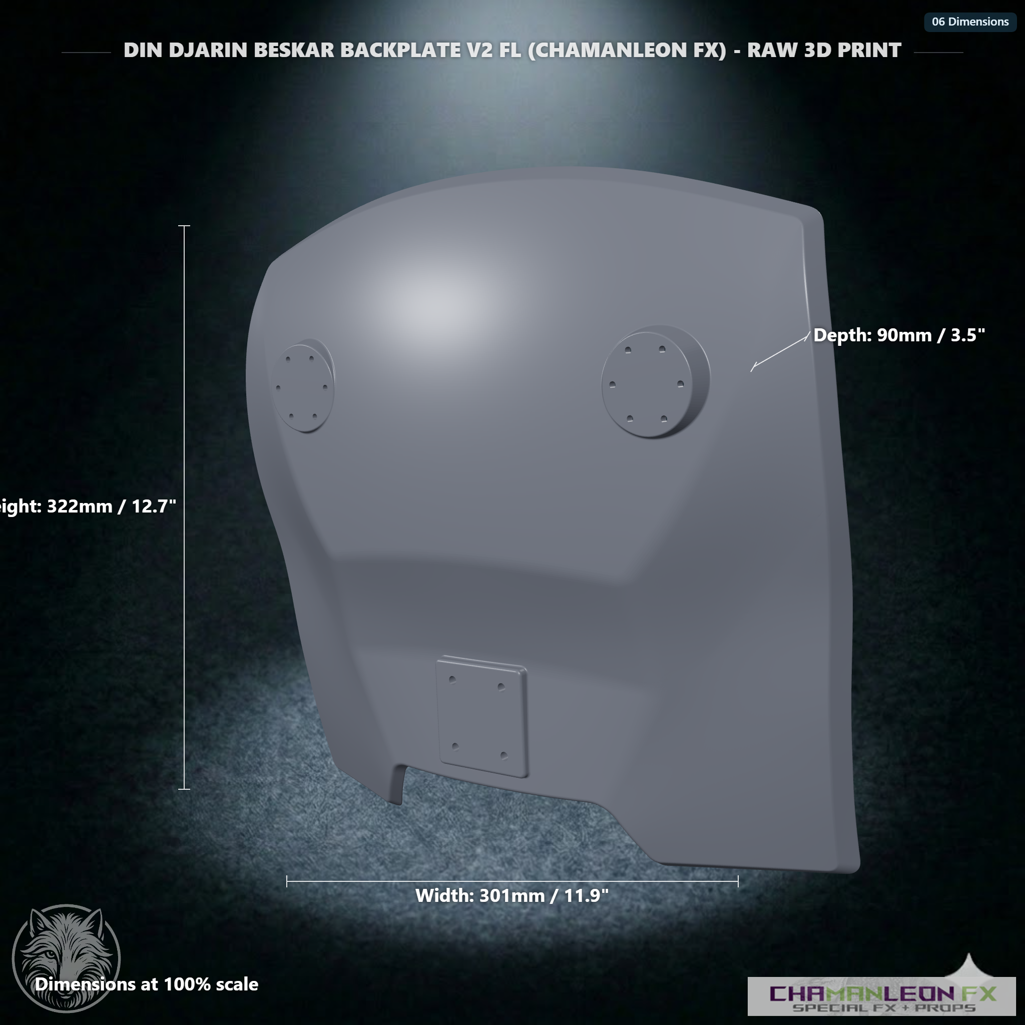 Din Djarin Beskar Backplate V2 FL (Chamanleon FX) - Raw 3D Print - Dimensions