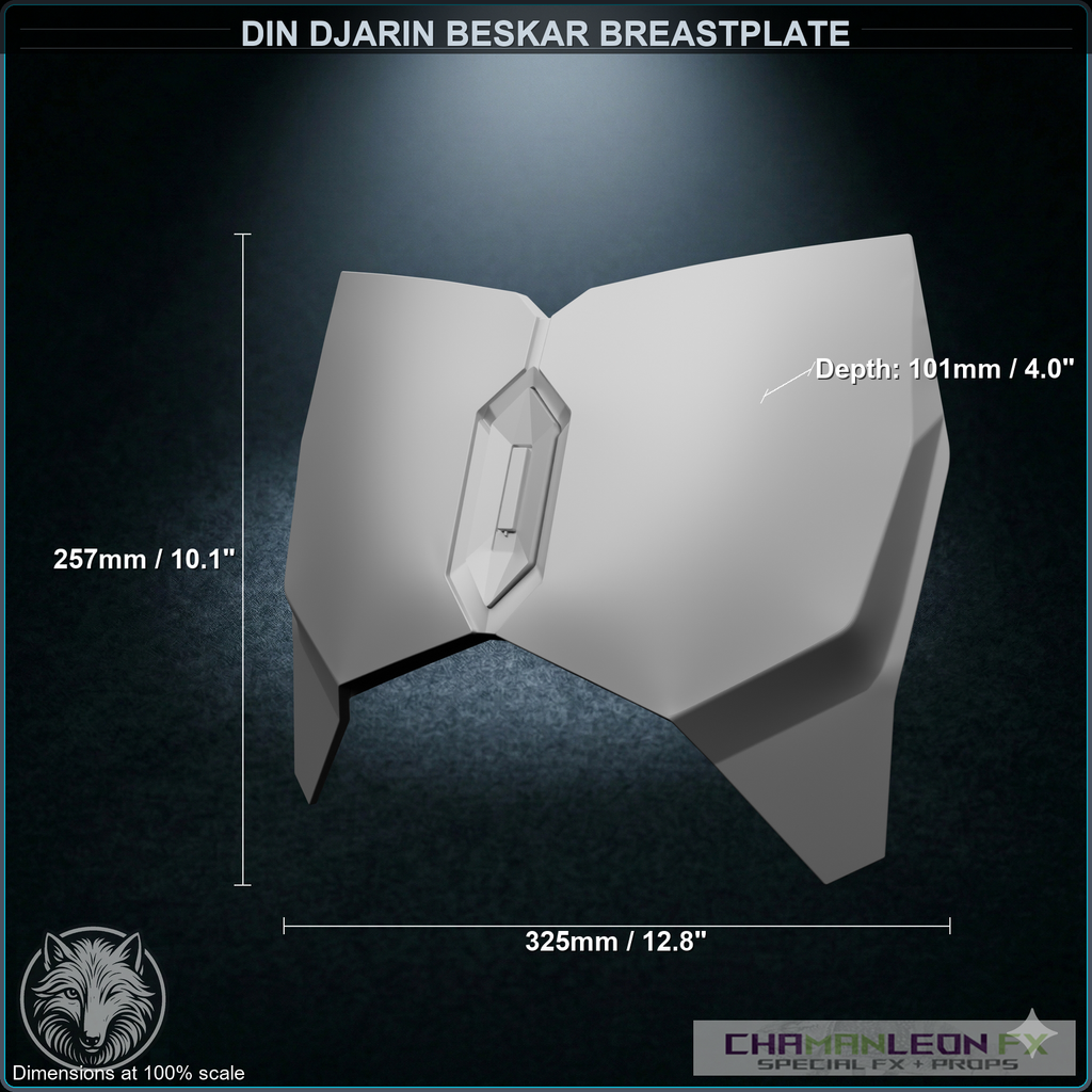 Din Djarin Beskar Breastplate (Chamanleon FX) - Raw 3D Print - Dimensions
