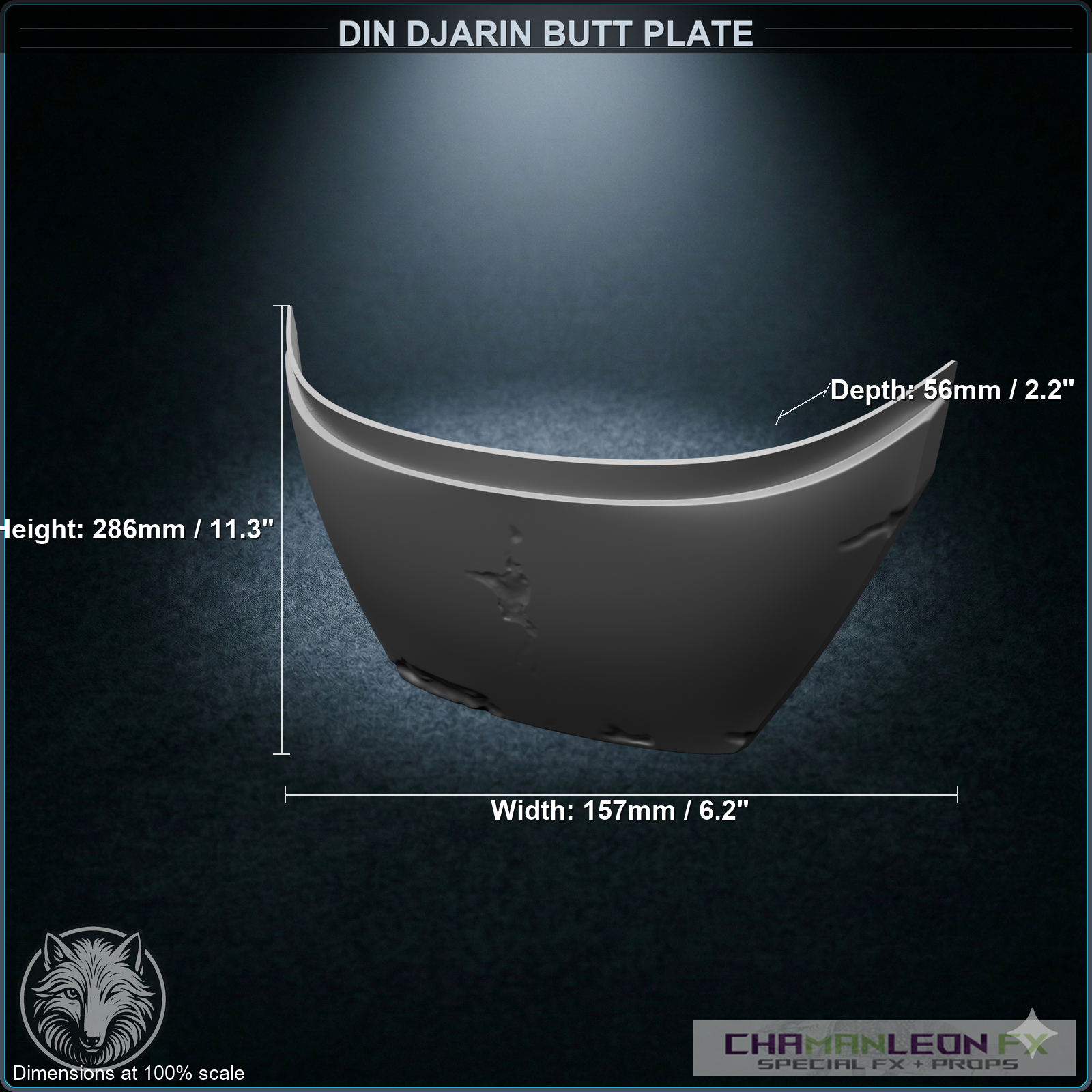 Din Djarin Butt Plate (Damaged, Chamanleon FX) - Raw 3D Print - Dimensions