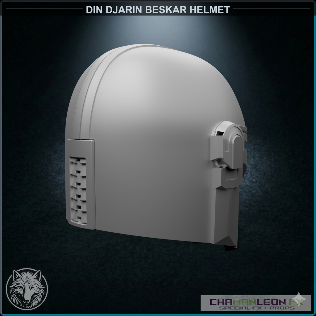 Din Djarin Beskar Helmet (Chamanleon FX) - Raw 3D Print - Rear 3/4