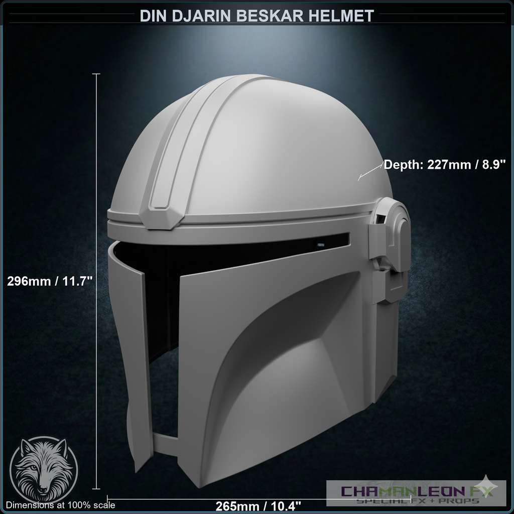 Din Djarin Beskar Helmet (Chamanleon FX) - Raw 3D Print - Dimensions
