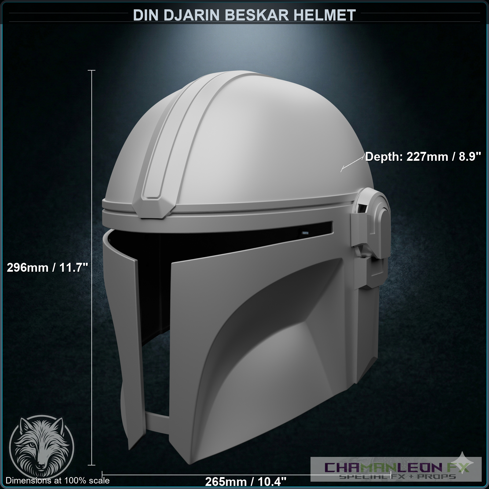 Din Djarin Beskar Helmet (Chamanleon FX) - Raw 3D Print - Dimensions