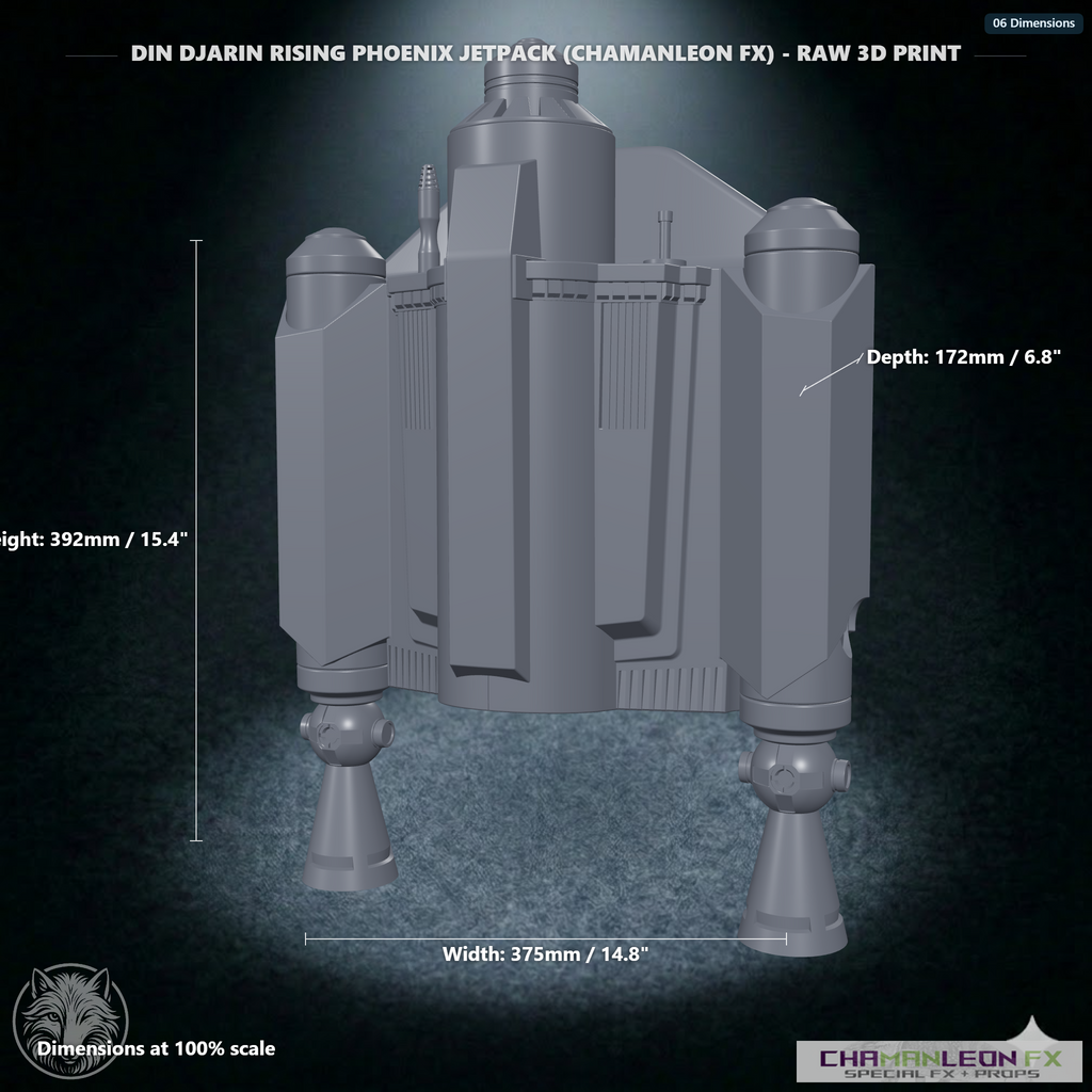 Din Djarin Rising Phoenix Jetpack (Chamanleon FX) - Raw 3D Print - Dimensions