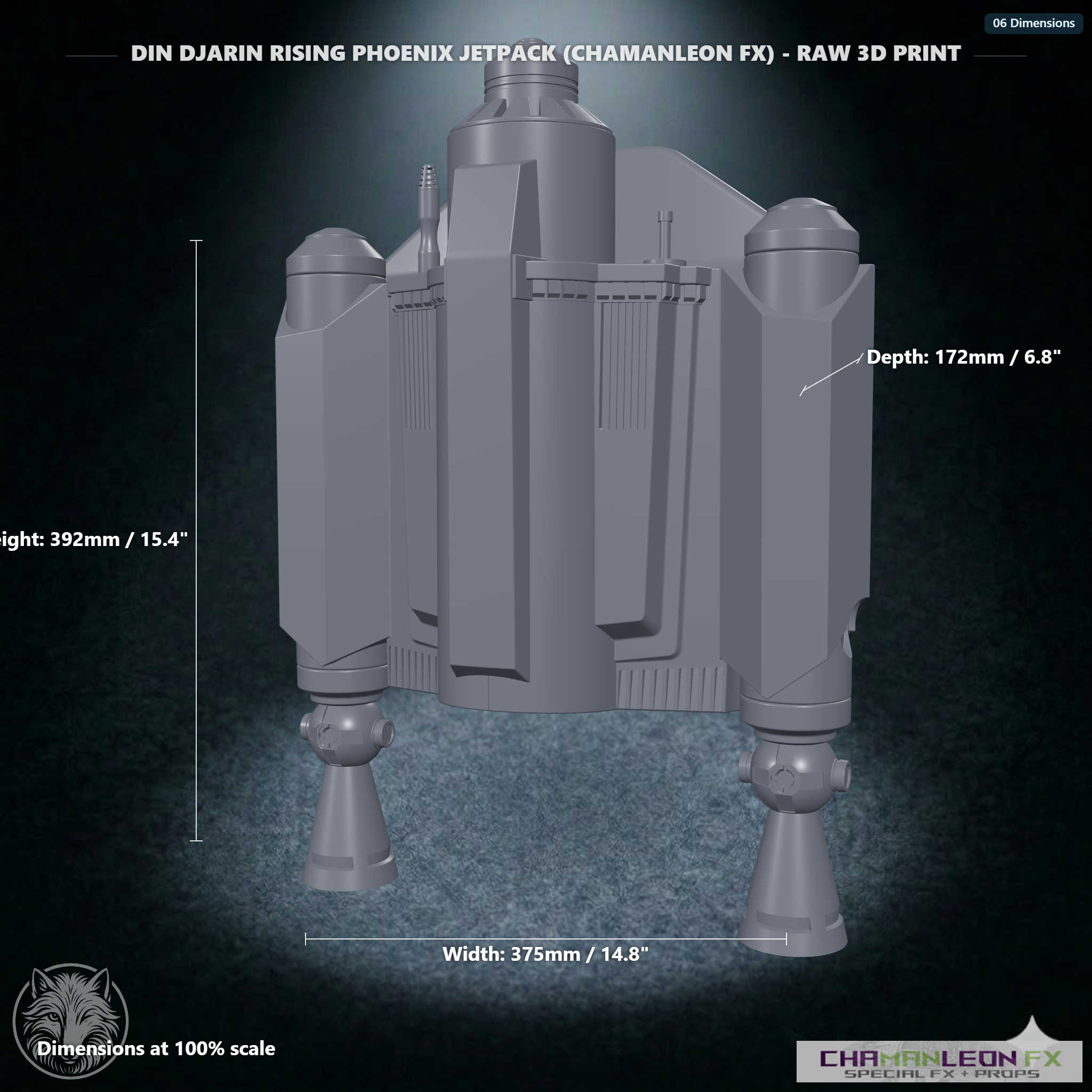 Din Djarin Rising Phoenix Jetpack (Chamanleon FX) - Raw 3D Print - Dimensions