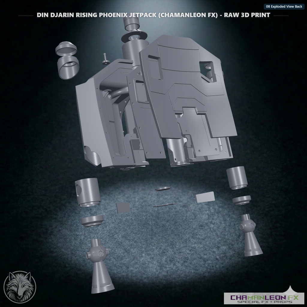 Din Djarin Rising Phoenix Jetpack (Chamanleon FX) - Raw 3D Print - Rear 3/4 (Top)