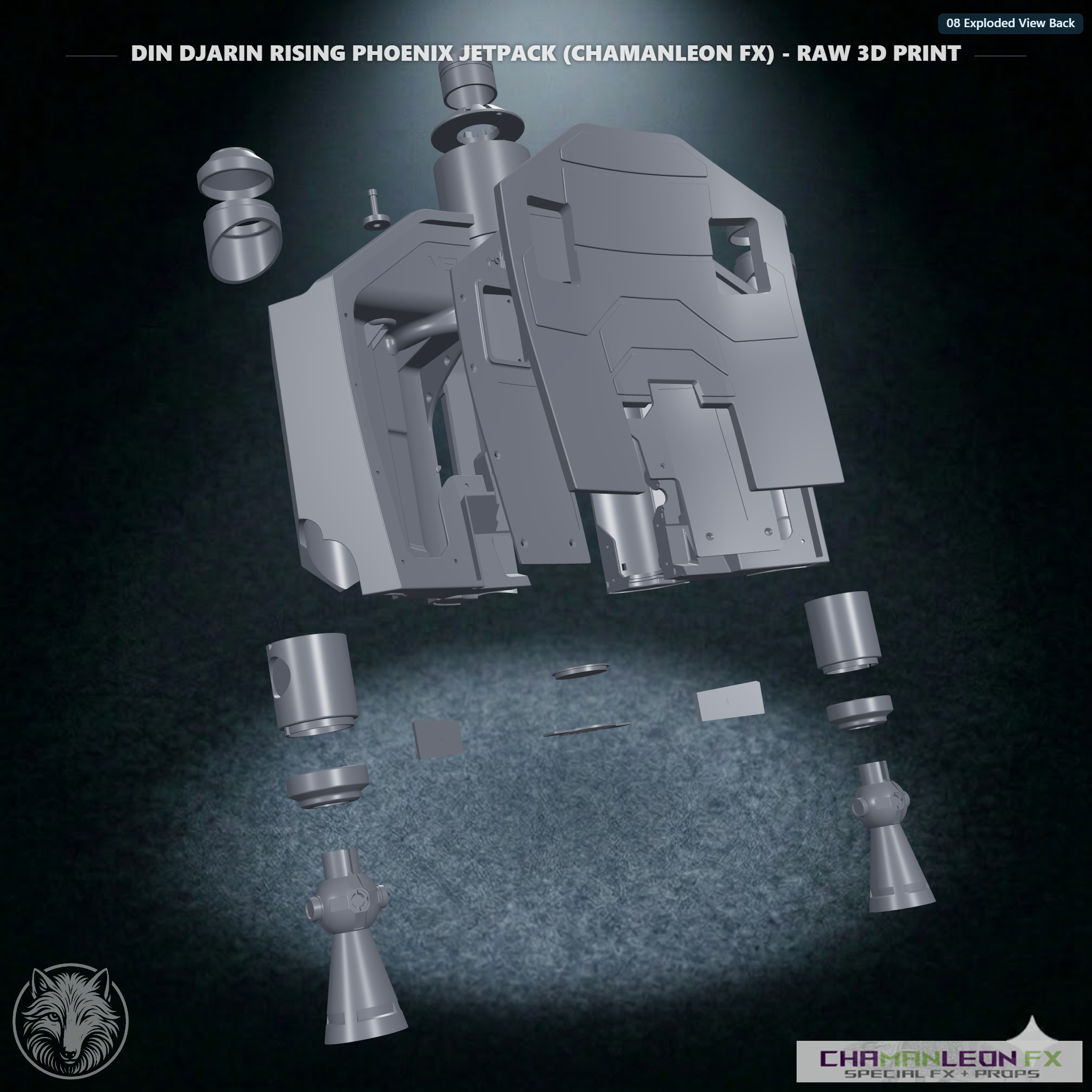 Din Djarin Rising Phoenix Jetpack (Chamanleon FX) - Raw 3D Print - Rear 3/4 (Top)