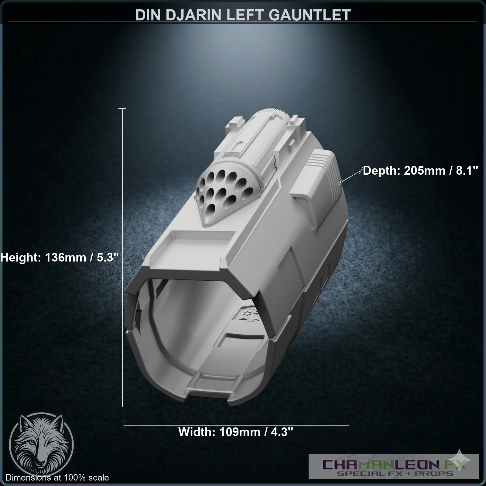 Din Djarin Left Gauntlet - Whistling Birds (Chamanleon FX) - Raw 3D Print - Dimensions