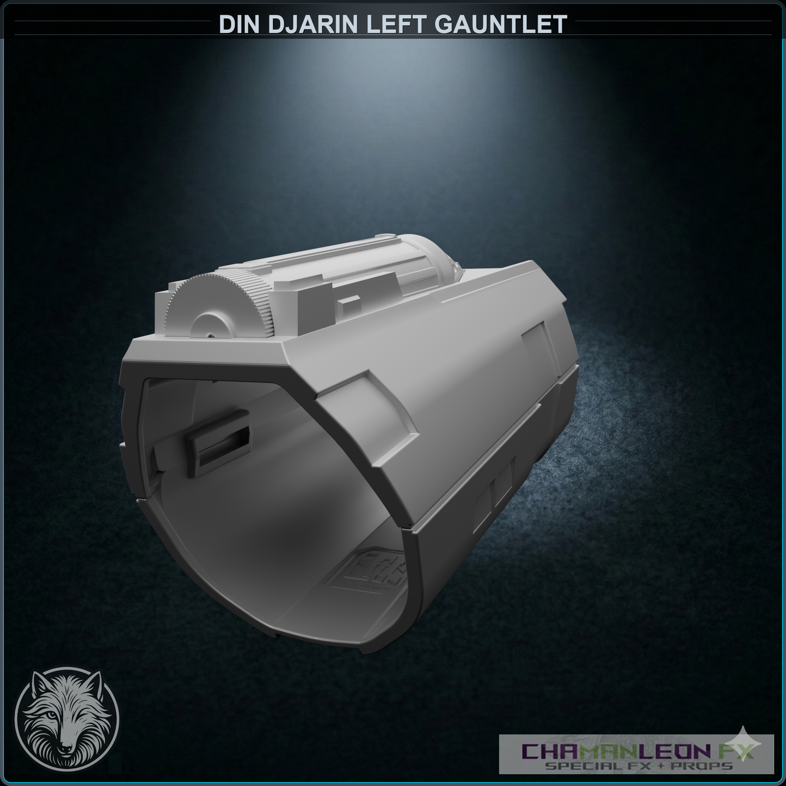 Din Djarin Left Gauntlet - Whistling Birds (Chamanleon FX) - Raw 3D Print - Rear 3/4 (Top)