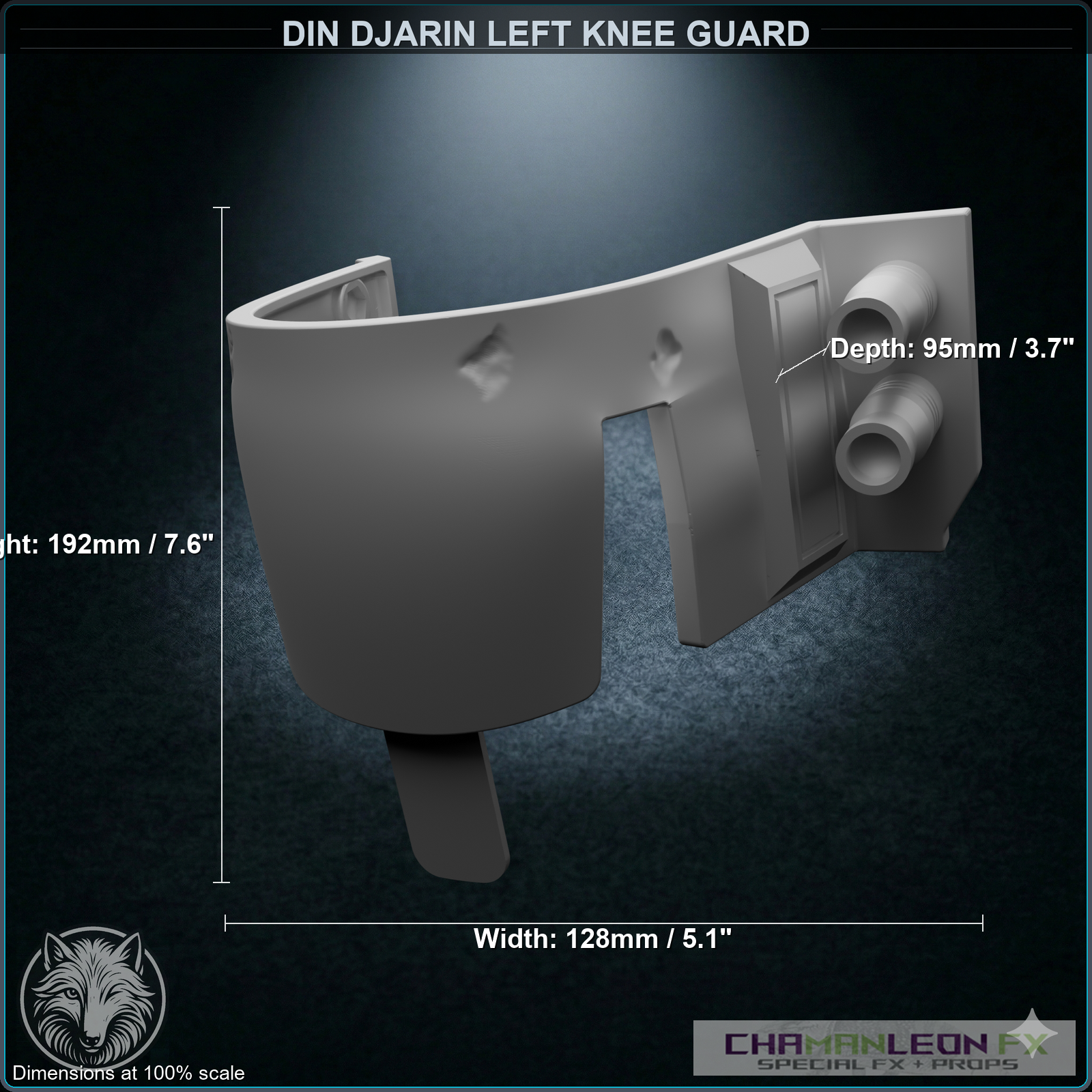 Din Djarin Left Knee Guard (Damaged, Chamanleon FX) - Raw 3D Print - Dimensions