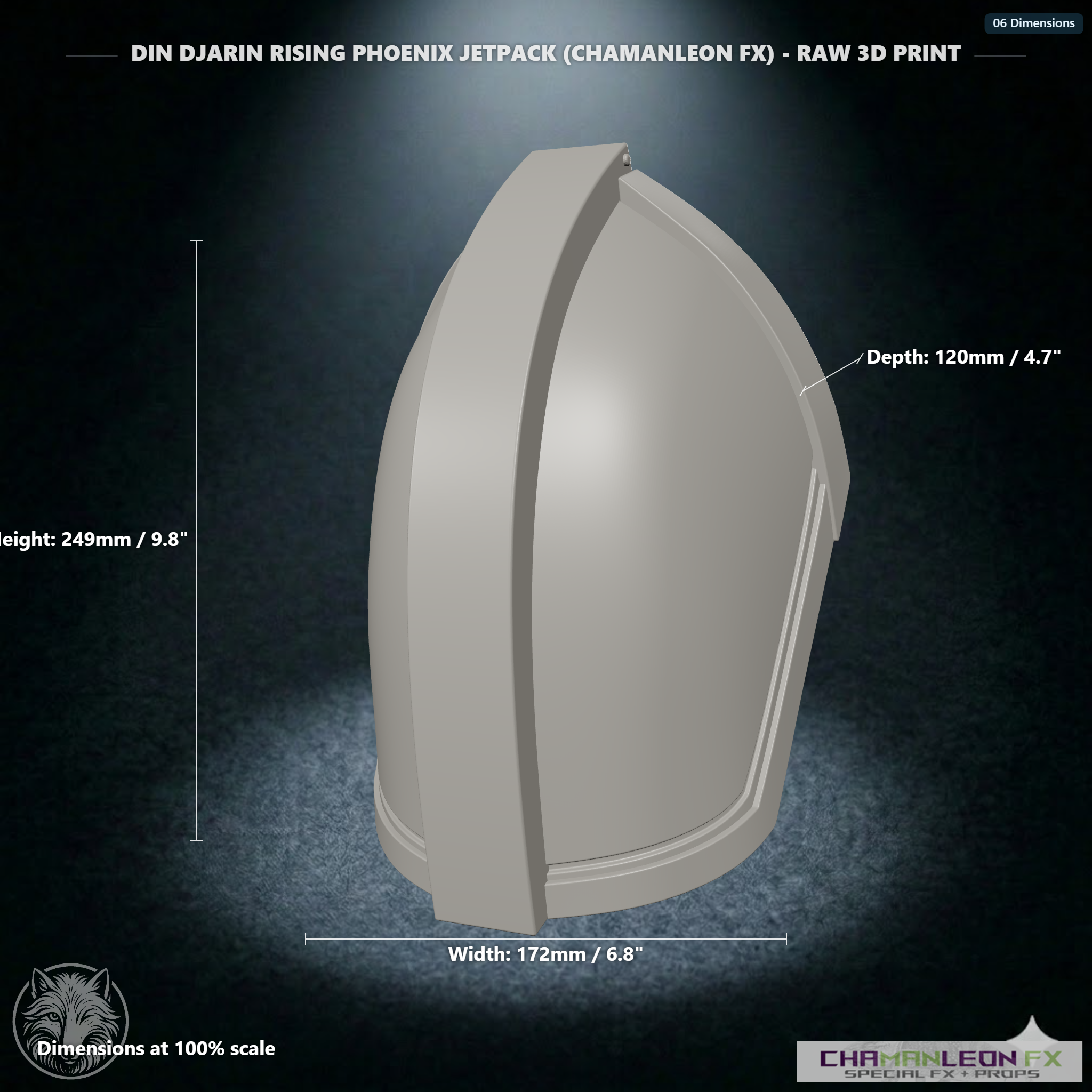 Din Djarin Left Shoulder Pauldron (Chamanleon FX) - Raw 3D Print - Dimensions