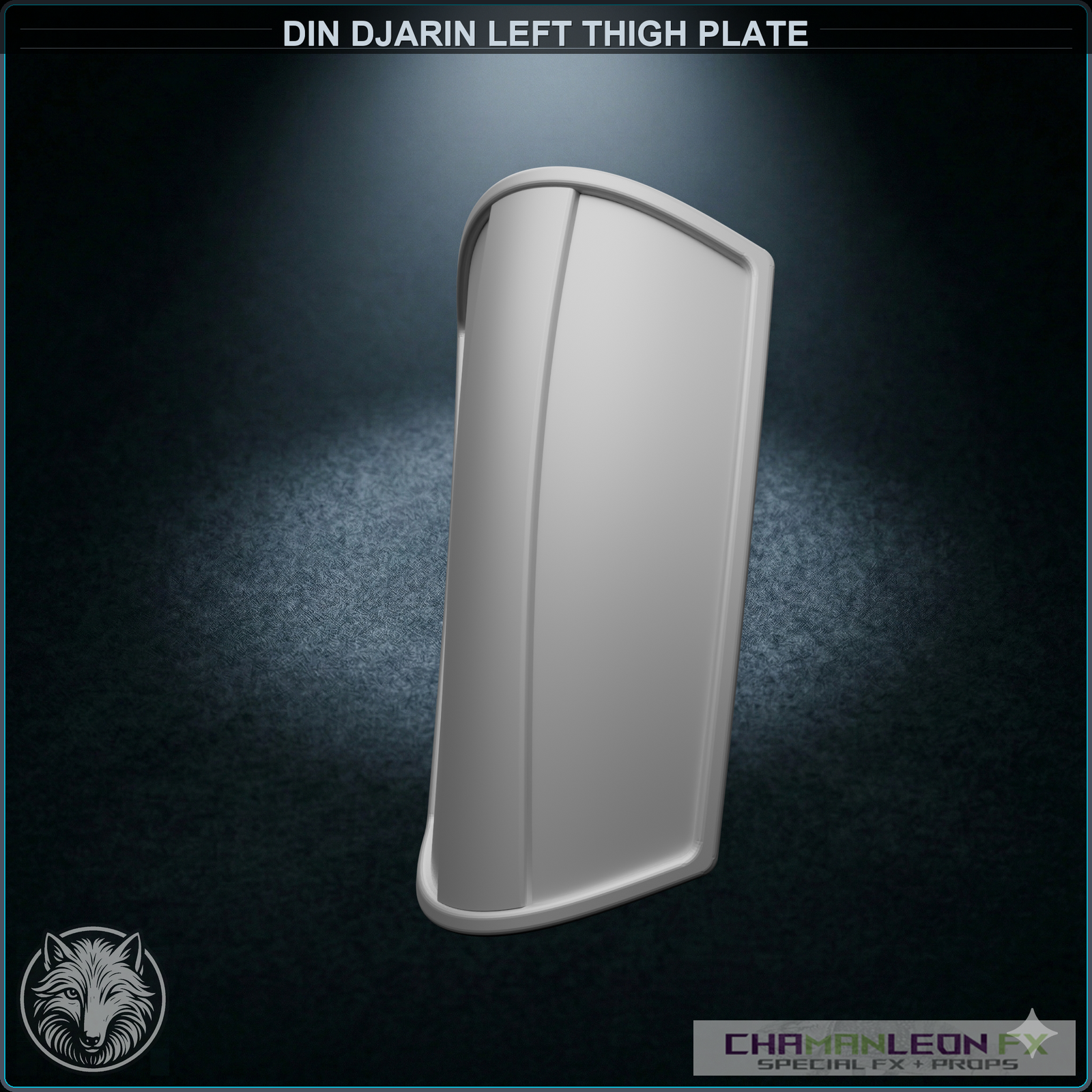 Din Djarin Left Thigh Plate (Chamanleon FX) - Raw 3D Print - 3/4 View