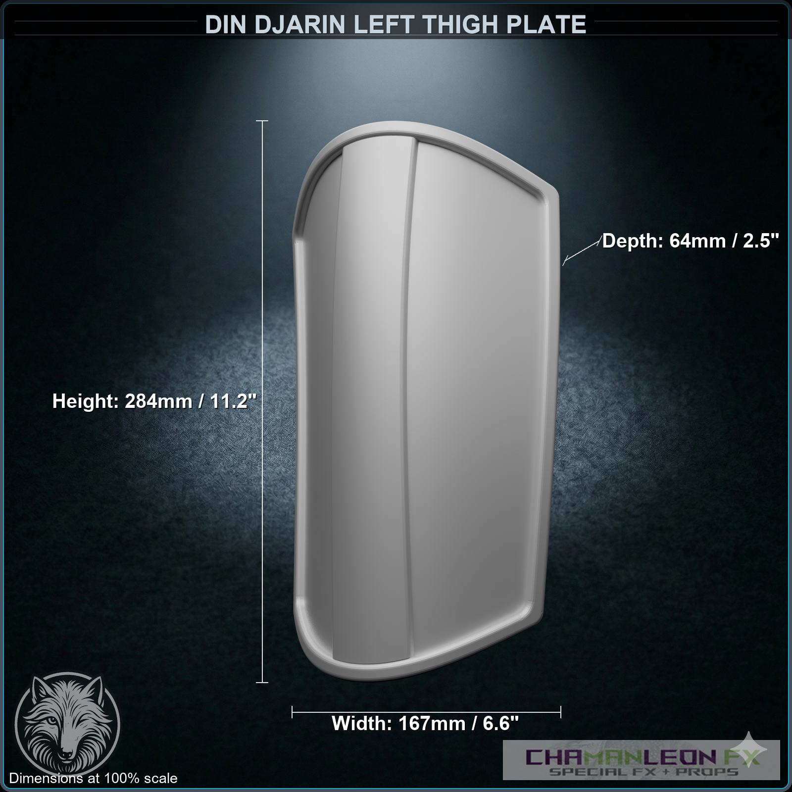 Din Djarin Left Thigh Plate (Chamanleon FX) - Raw 3D Print - Dimensions