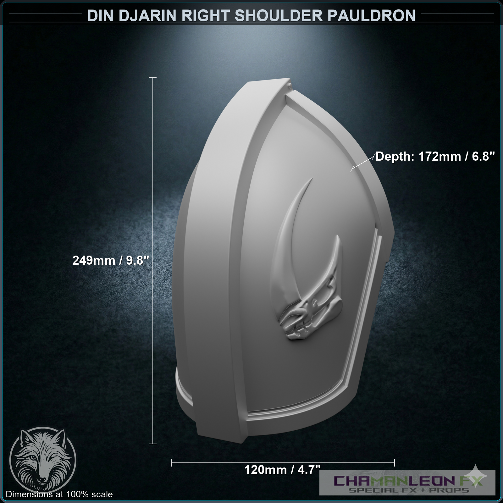 Din Djarin Right Shoulder Pauldron - Mudhorn Signet (Chamanleon FX) - Raw 3D Print - Dimensions