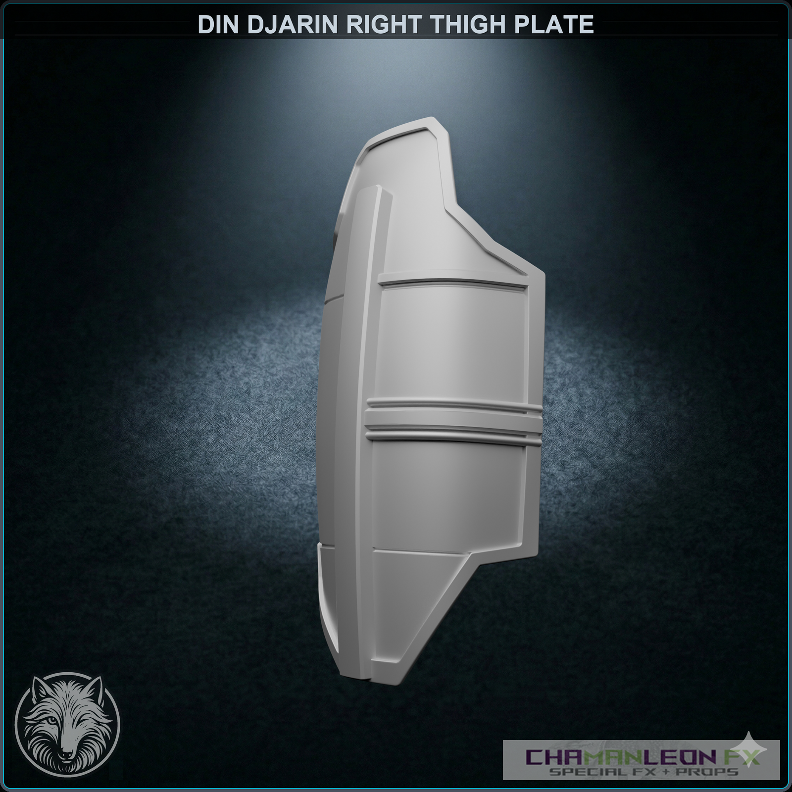 Din Djarin Right Thigh Plate (Chamanleon FX) - Raw 3D Print - 3/4 View