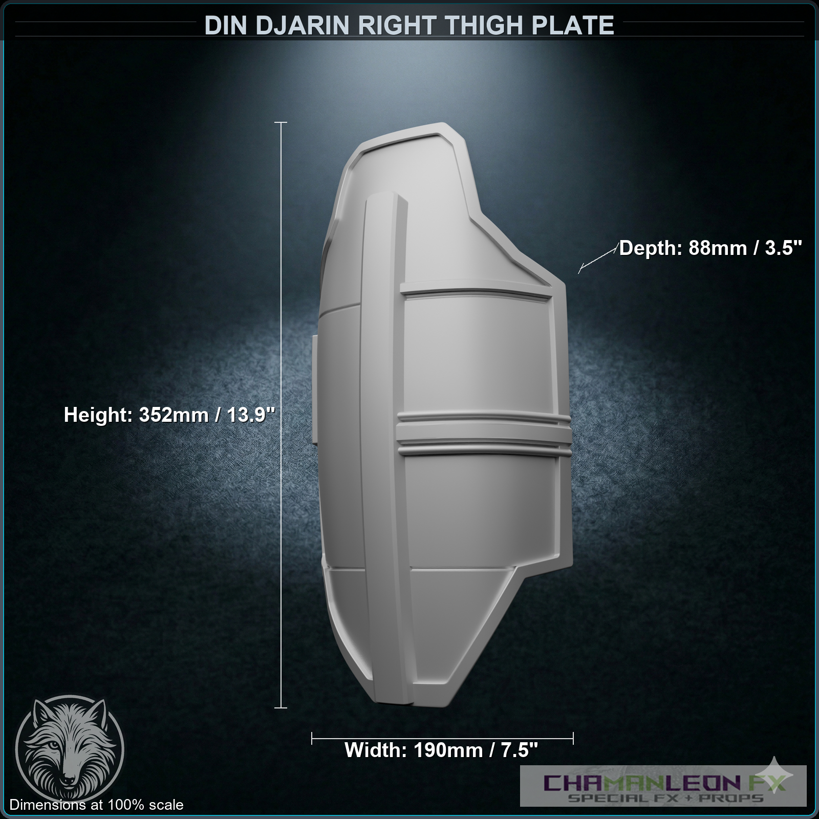 Din Djarin Right Thigh Plate (Chamanleon FX) - Raw 3D Print - Dimensions