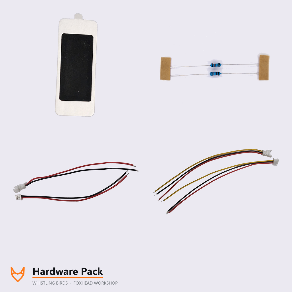 v2.5 hardware pack: micro box speaker, 100k resistors, and the 2-wire and 3-wire JST leads